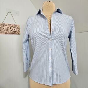 Lands' End Blue and White Poplin Striped Button Up Blouse Size 4